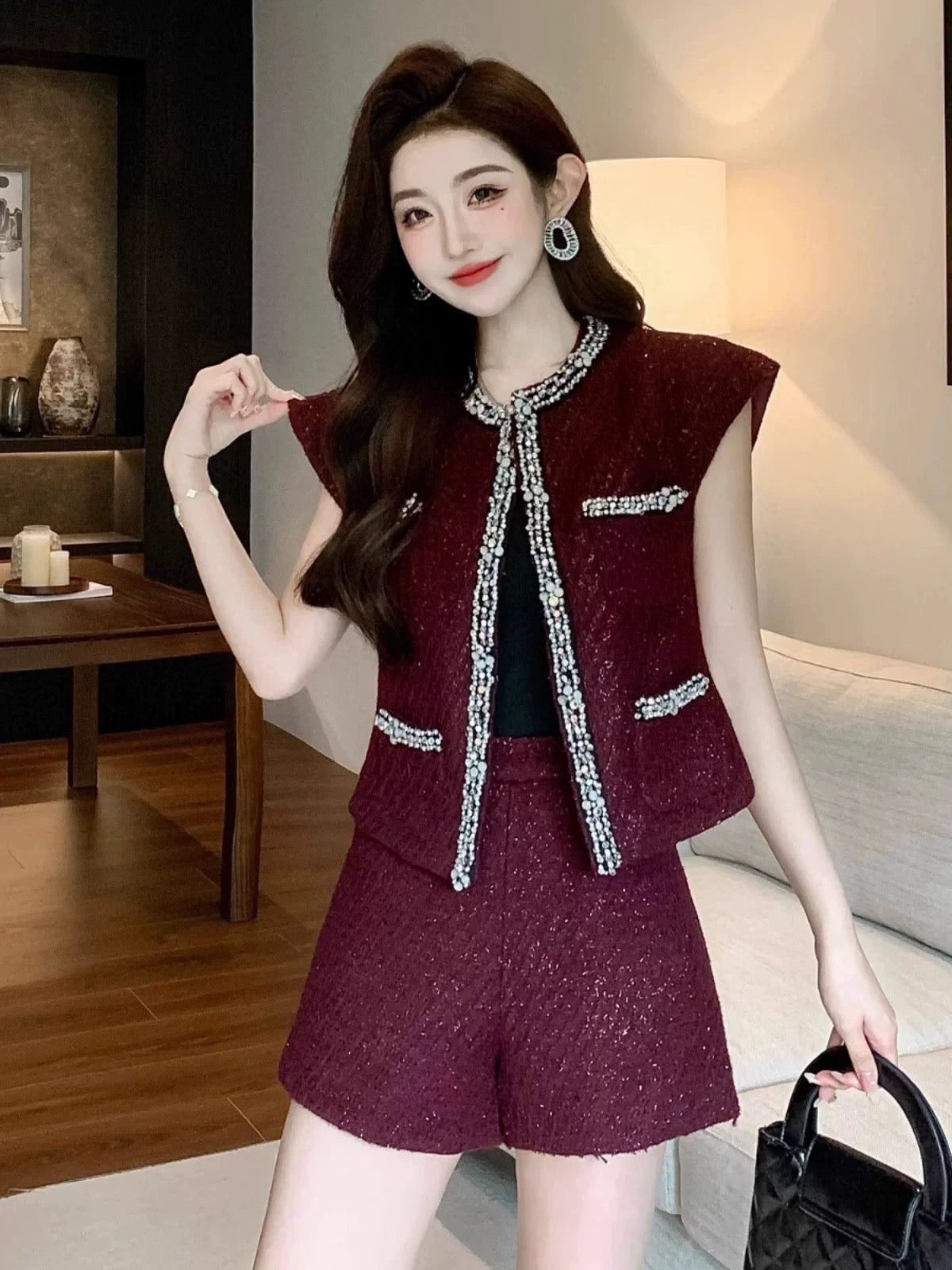 Nanyou European goods French heavy industry small fragrant style waistcoat sleeveless vest beaded woven woolen nylon top shorts set