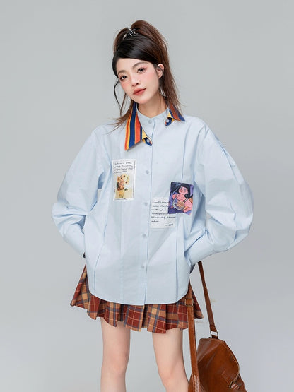 KEIKO literary style patchwork blue long-sleeved shirt 2024 early spring unique niche design heterochromatic collar top