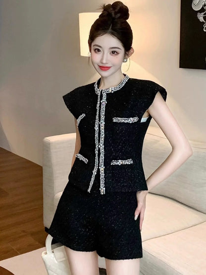 Nanyou European goods French heavy industry small fragrant style waistcoat sleeveless vest beaded woven woolen nylon top shorts set
