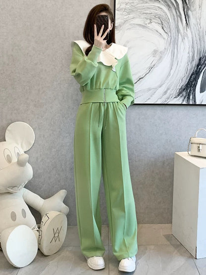 European casual fashion sports age-reducing plus velvet sweatshirt wide-leg pants two-piece suit for women spring and autumn 2024 new style foreign style