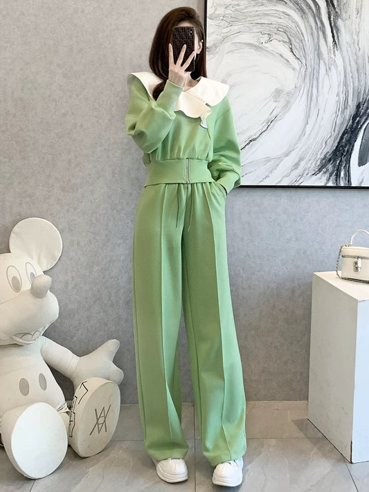 European casual fashion sports age-reducing plus velvet sweatshirt wide-leg pants two-piece suit for women spring and autumn 2024 new style foreign style