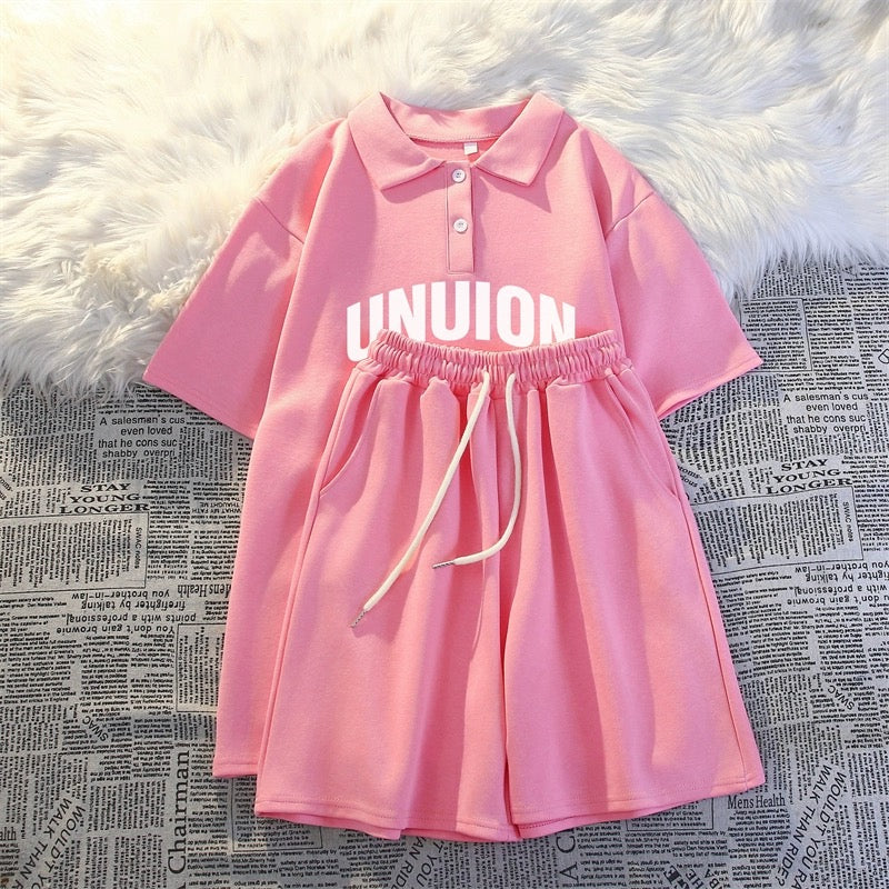 Summer college style casual two-piece suit for women 2024 new polo shirt short-sleeved shorts loose running sportswear