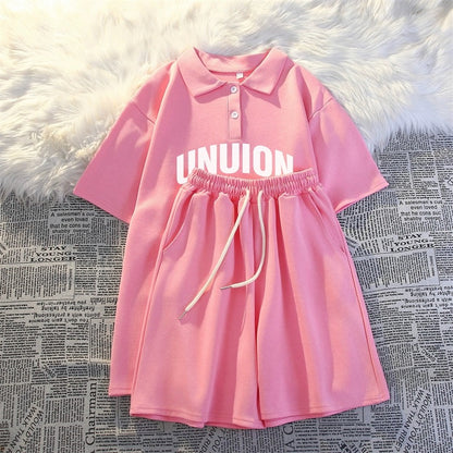 Summer college style casual two-piece suit for women 2024 new polo shirt short-sleeved shorts loose running sportswear