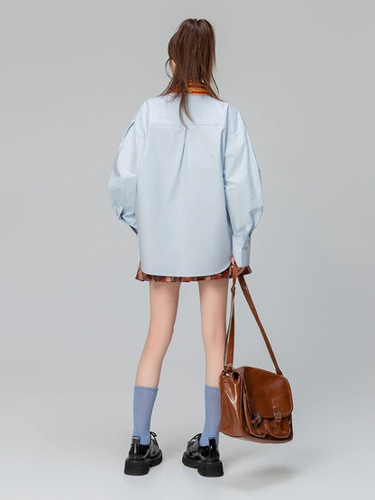 KEIKO literary style patchwork blue long-sleeved shirt 2024 early spring unique niche design heterochromatic collar top