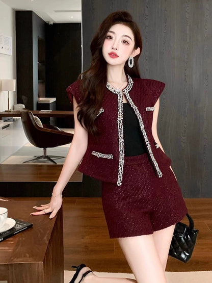 Nanyou European goods French heavy industry small fragrant style waistcoat sleeveless vest beaded woven woolen nylon top shorts set