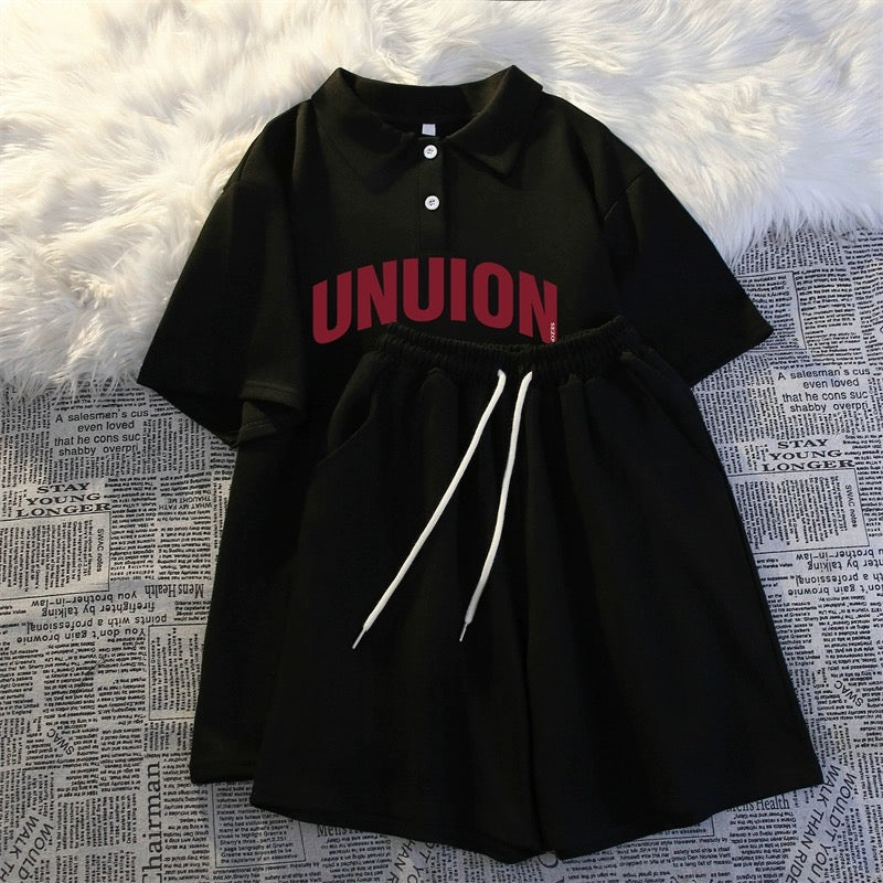 Summer college style casual two-piece suit for women 2024 new polo shirt short-sleeved shorts loose running sportswear