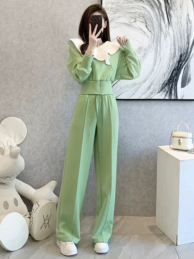 European casual fashion sports age-reducing plus velvet sweatshirt wide-leg pants two-piece suit for women spring and autumn 2024 new style foreign style