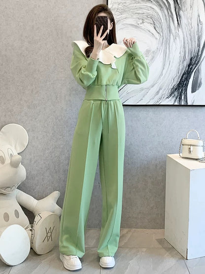 European casual fashion sports age-reducing plus velvet sweatshirt wide-leg pants two-piece suit for women spring and autumn 2024 new style foreign style