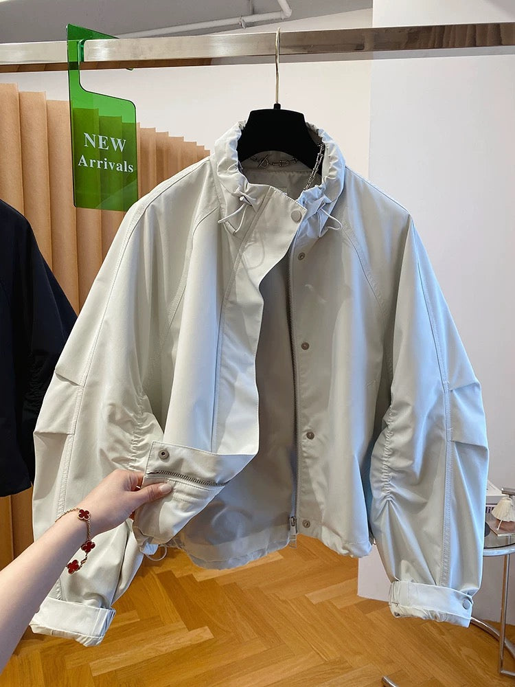 High-end drawstring stand collar jacket for women short 2025 new loose casual versatile jacket baseball jacket top spring