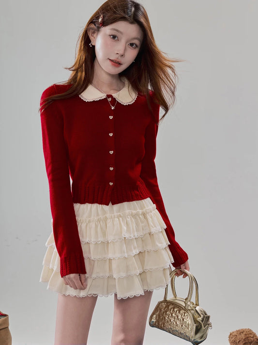 Sweet and adorable red Peter Pan collar cardigan for women, perfect for New Year's holiday outfits.