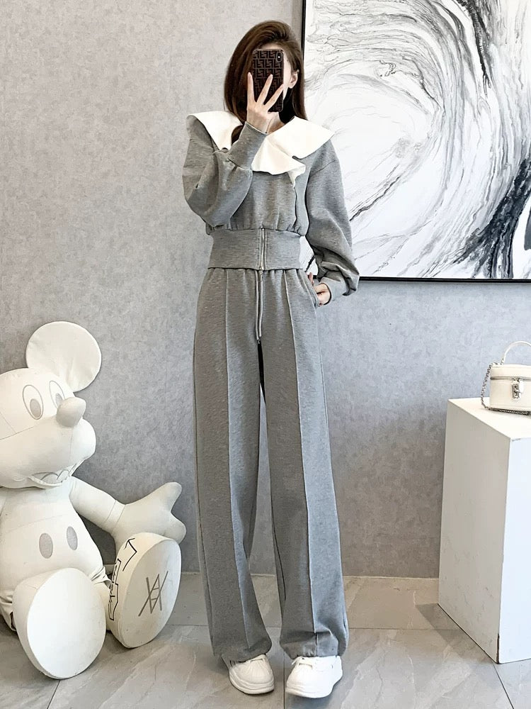 European casual fashion sports age-reducing plus velvet sweatshirt wide-leg pants two-piece suit for women spring and autumn 2024 new style foreign style