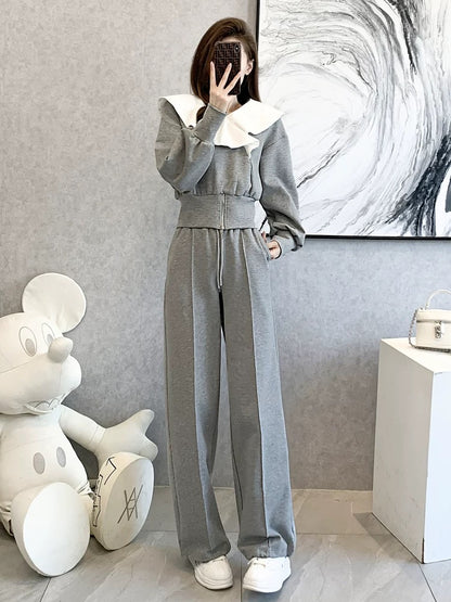 European casual fashion sports age-reducing plus velvet sweatshirt wide-leg pants two-piece suit for women spring and autumn 2024 new style foreign style