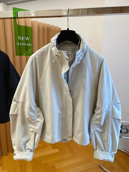 High-end drawstring stand collar jacket for women short 2025 new loose casual versatile jacket baseball jacket top spring