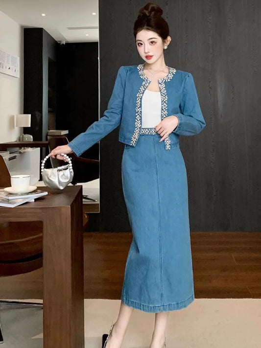 Shenzhen Nanyou niche designer heavy-duty studded denim suit versatile short coat high-waisted mid-length skirt