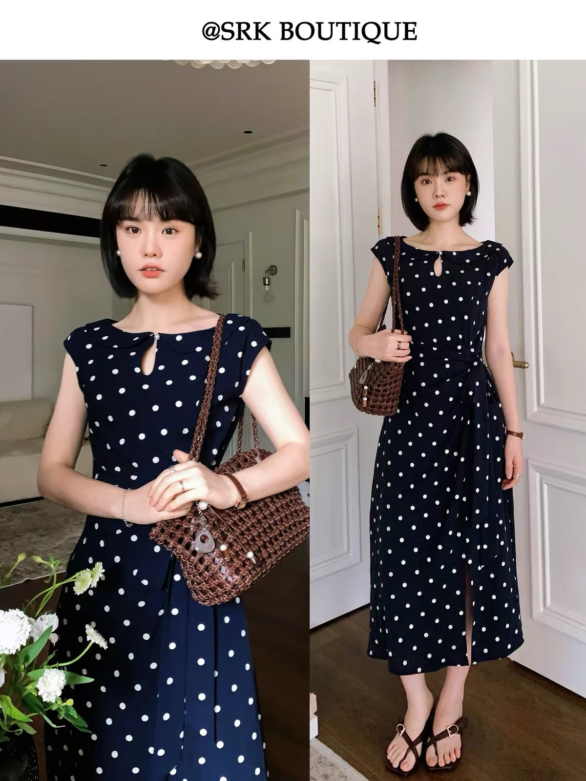 SRK French-style elegant dress featuring a waist-cinching, slimming silhouette and stylish contrasting polka-dot design.