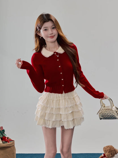 Sweet and adorable red Peter Pan collar cardigan for women, perfect for New Year's holiday outfits.