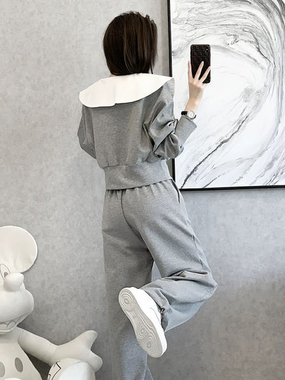 European casual fashion sports age-reducing plus velvet sweatshirt wide-leg pants two-piece suit for women spring and autumn 2024 new style foreign style