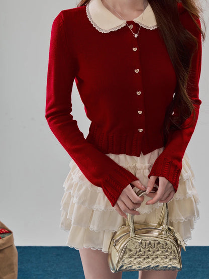 Sweet and adorable red Peter Pan collar cardigan for women, perfect for New Year's holiday outfits.