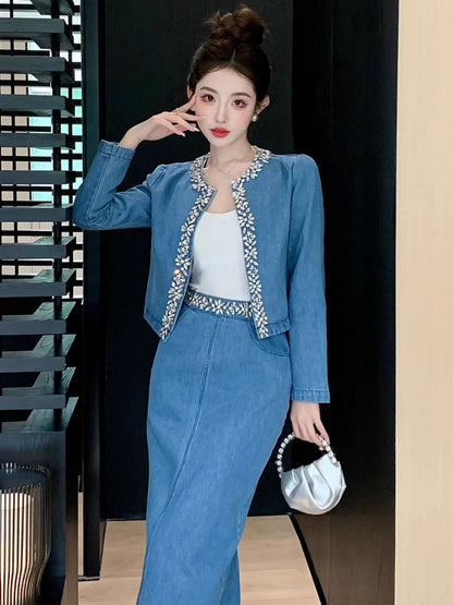 Shenzhen Nanyou niche designer heavy-duty studded denim suit versatile short coat high-waisted mid-length skirt
