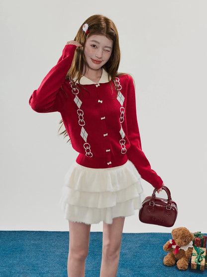 Sweety Red Peter Pan Collar Knitted Long-Sleeved Top for Women, Perfect for Winter and New Year's Atmosphere