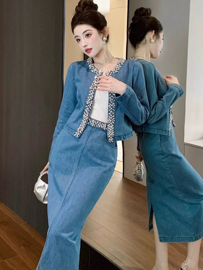 Shenzhen Nanyou niche designer heavy-duty studded denim suit versatile short coat high-waisted mid-length skirt