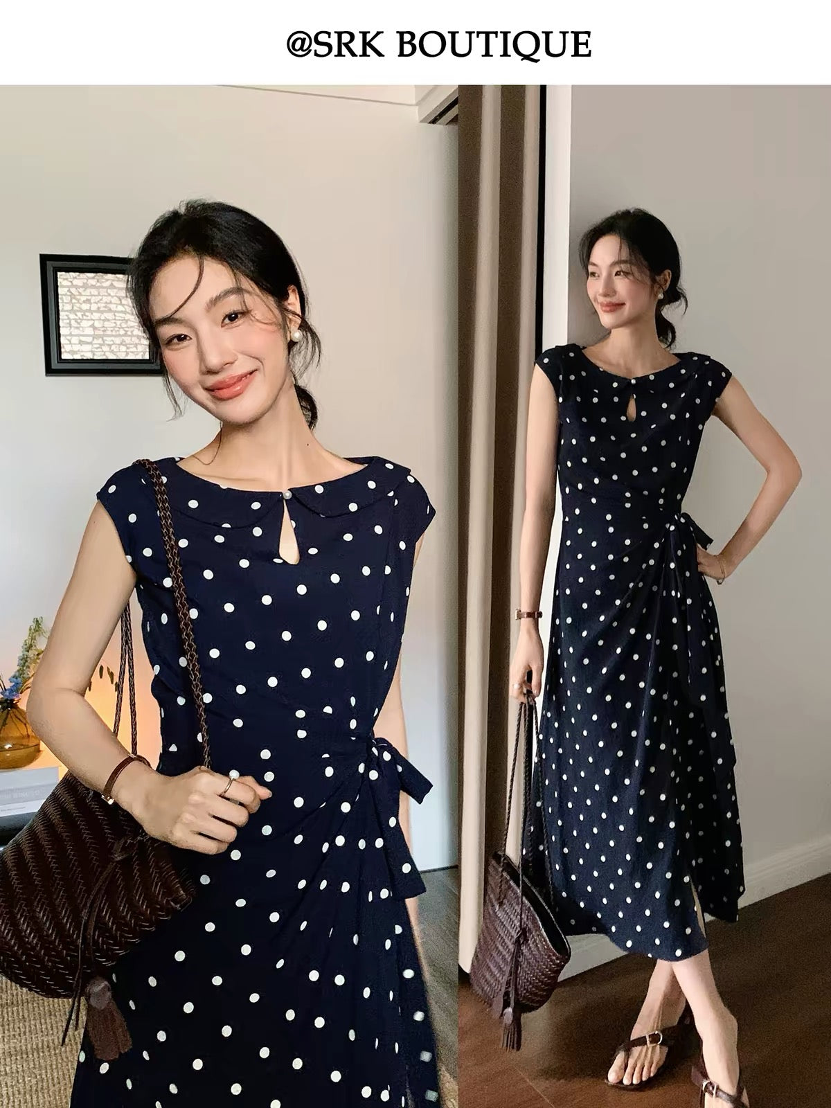 SRK French-style elegant dress featuring a waist-cinching, slimming silhouette and stylish contrasting polka-dot design.