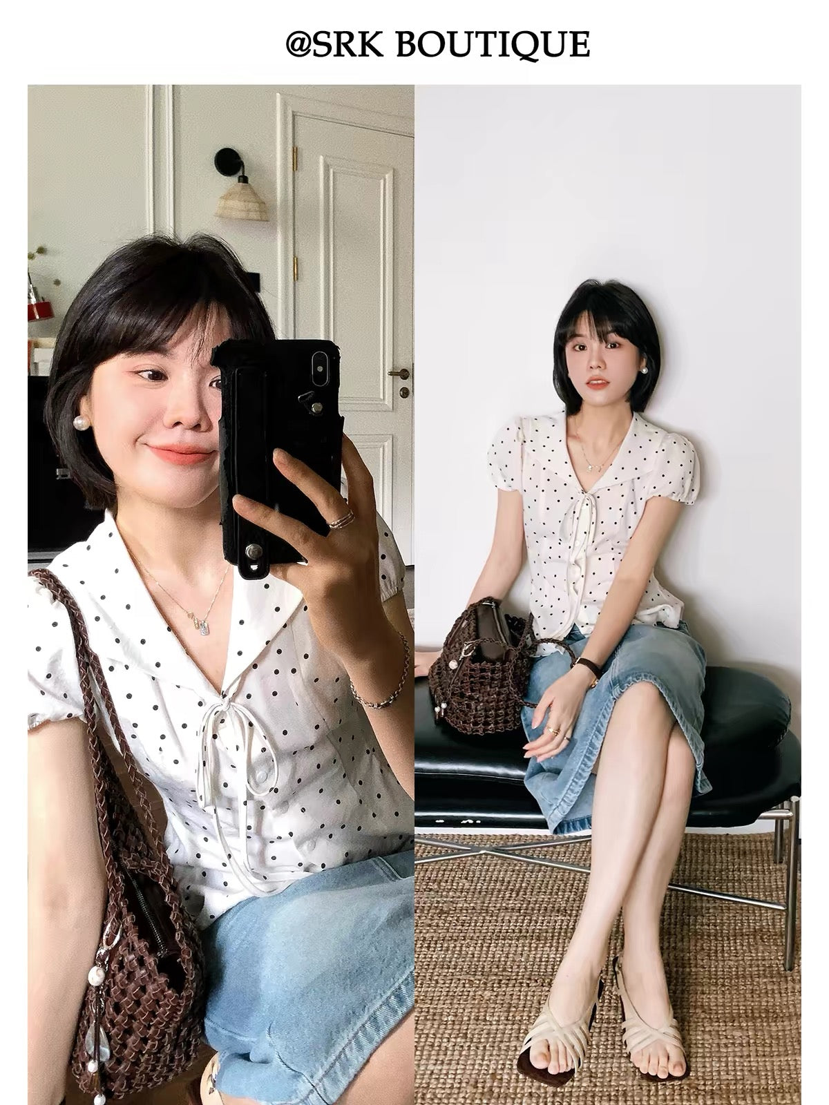 SRK Women's Short-Sleeve Polka-Dot Top – French-Style Sweet V-Neck Blouse with Waist-Cinching, Slimming Fit and Sophisticated Casual Appeal
