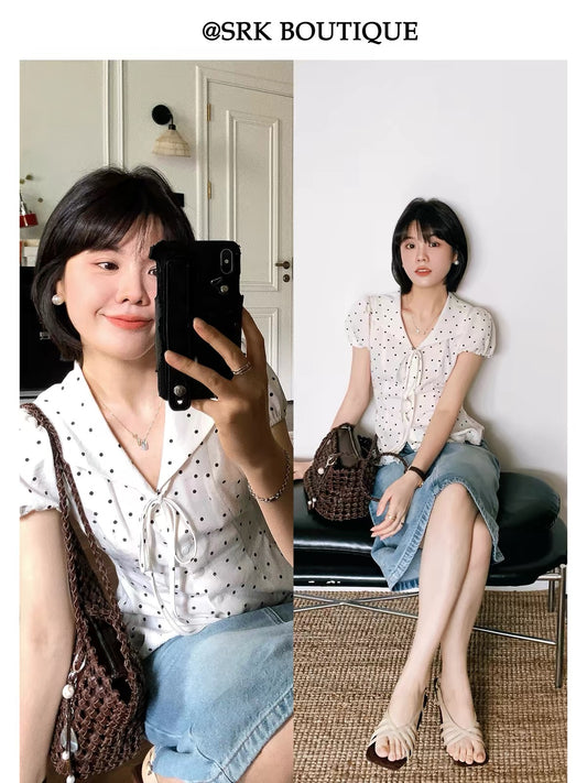 SRK Women's Short-Sleeve Polka-Dot Top – French-Style Sweet V-Neck Blouse with Waist-Cinching, Slimming Fit and Sophisticated Casual Appeal
