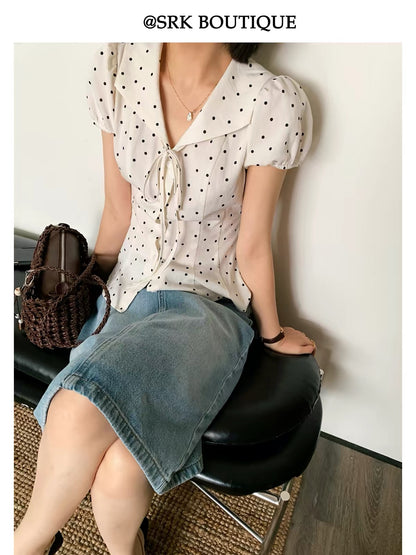 SRK Women's Short-Sleeve Polka-Dot Top – French-Style Sweet V-Neck Blouse with Waist-Cinching, Slimming Fit and Sophisticated Casual Appeal