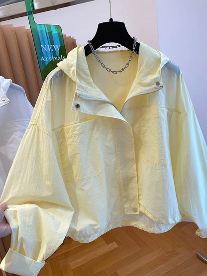 High-grade yellow hooded sun protection jacket for women in summer 2025 new loose casual versatile light sun protection shirt