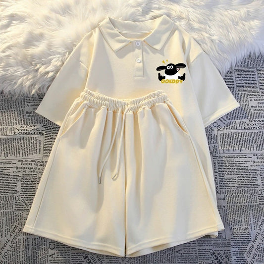 Summer polo collar short-sleeved three-quarter shorts two-piece suit for women thin casual student running sportswear for small people