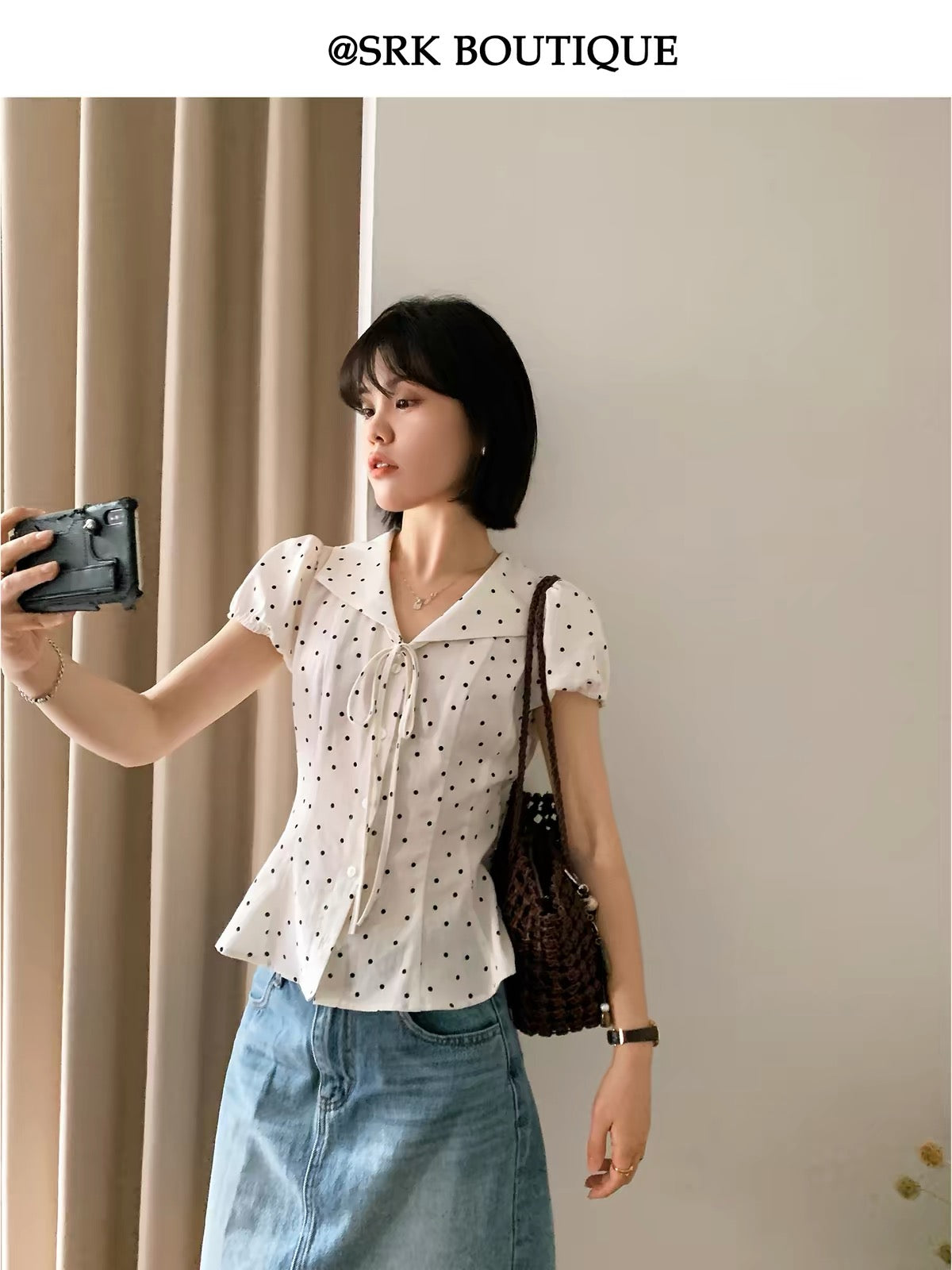 SRK Women's Short-Sleeve Polka-Dot Top – French-Style Sweet V-Neck Blouse with Waist-Cinching, Slimming Fit and Sophisticated Casual Appeal