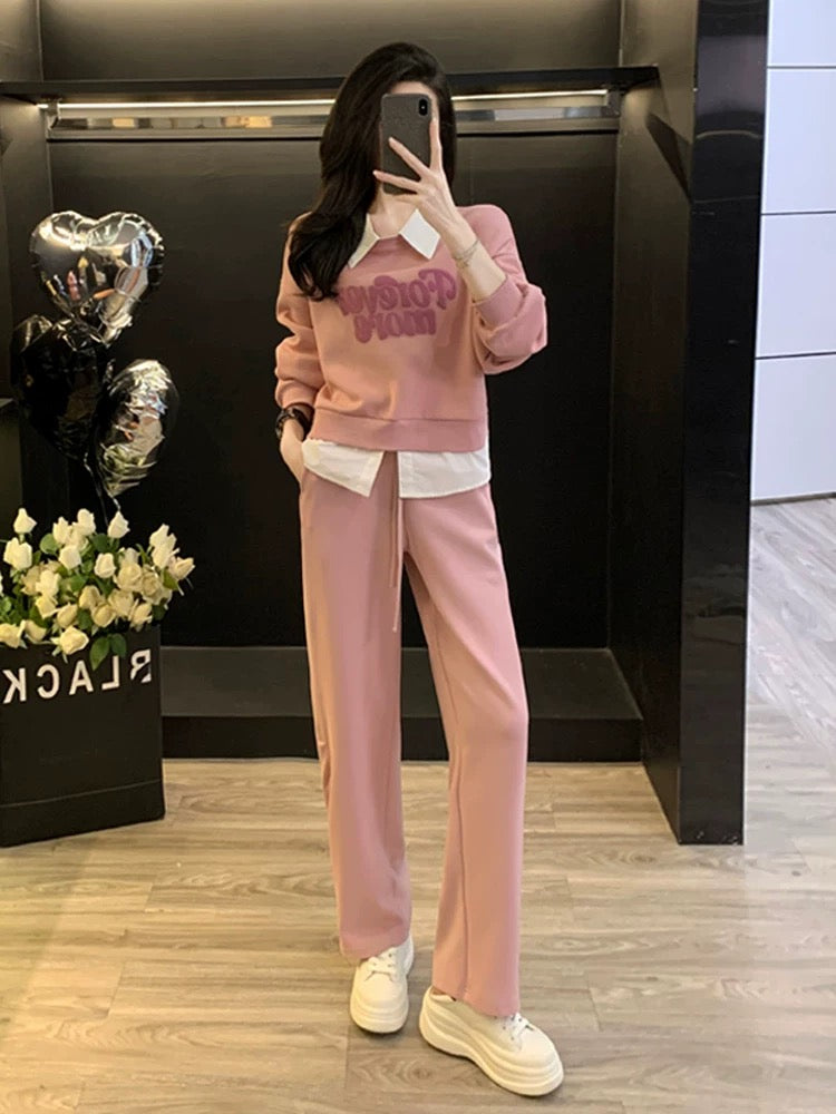 Pink high-end sports and leisure suit for women, spring and autumn fashion, fake two-piece sweatshirt, wide-leg trousers, two-piece set