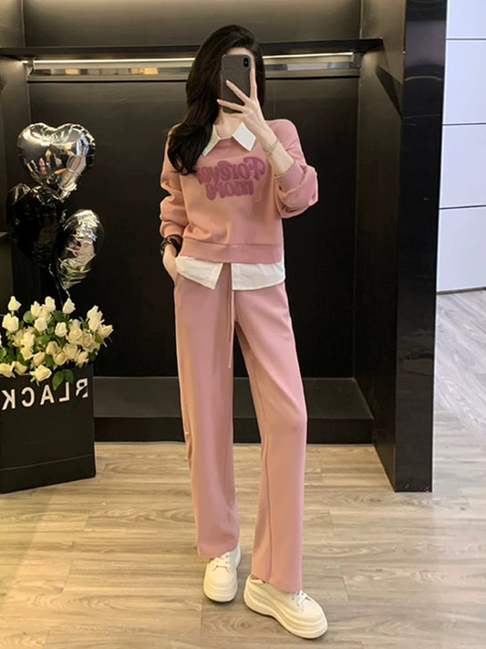 Pink high-end sports and leisure suit for women, spring and autumn fashion, fake two-piece sweatshirt, wide-leg trousers, two-piece set