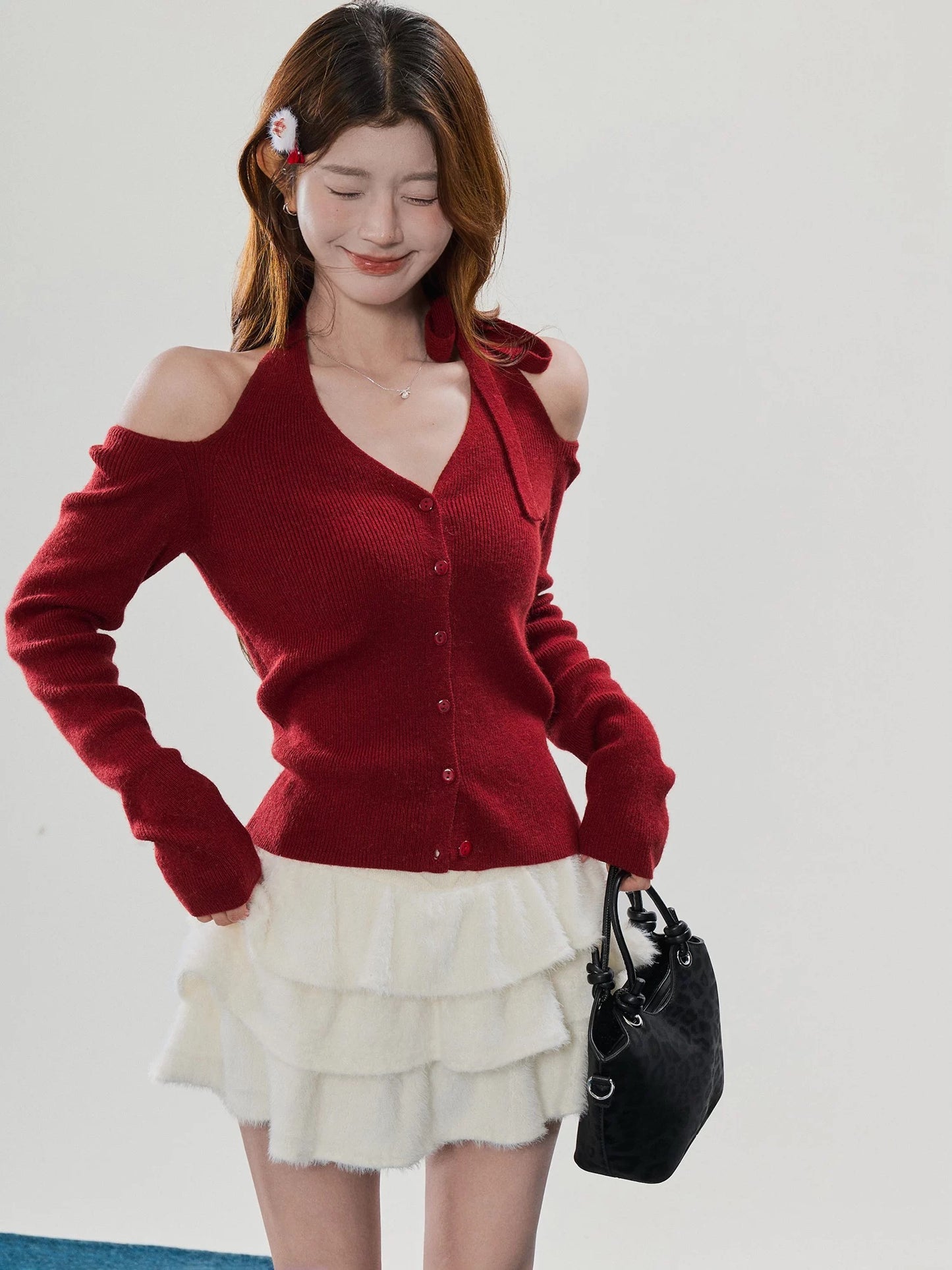Sweety Red Halter Neck Off-Shoulder Long-Sleeved Knit Top for Women, Perfect for Autumn, Winter, and New Year