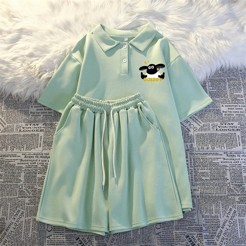 Summer polo collar short-sleeved three-quarter shorts two-piece suit for women thin casual student running sportswear for small people