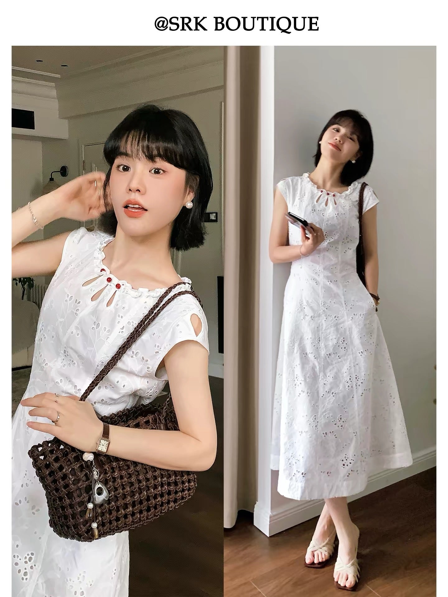SRK French-style sleeveless A-line maxi dress in white, featuring intricate embroidery, a waist-cinching silhouette, and a minimalist, elegant aesthetic.