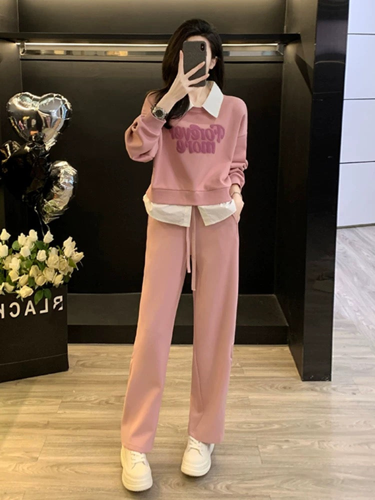 Pink high-end sports and leisure suit for women, spring and autumn fashion, fake two-piece sweatshirt, wide-leg trousers, two-piece set