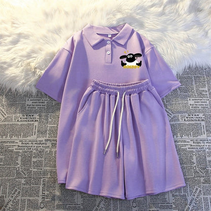 Summer polo collar short-sleeved three-quarter shorts two-piece suit for women thin casual student running sportswear for small people