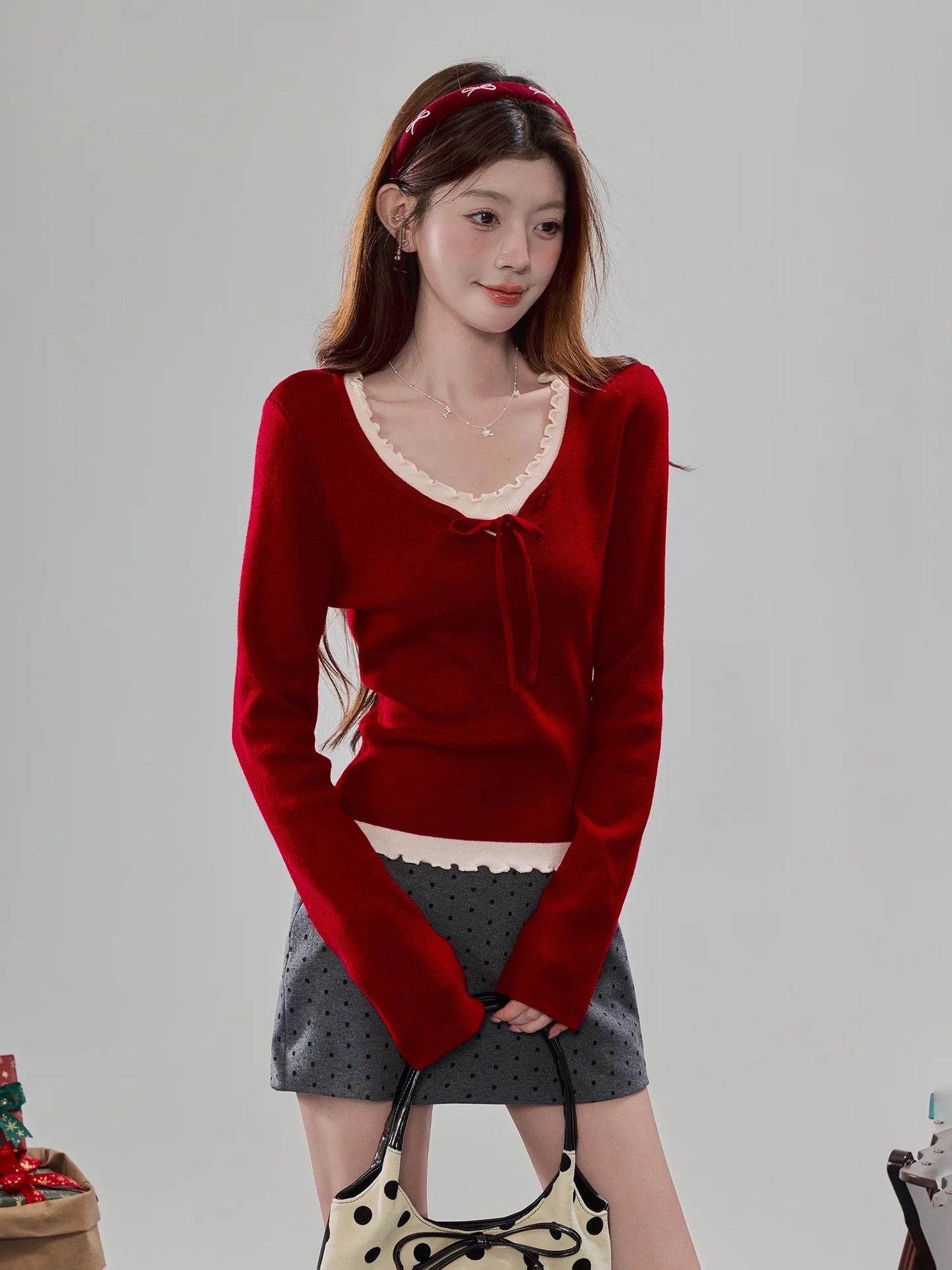 Sweety Red Faux Two-Piece Style Knitwear for Women, Perfect for New Year's Holidays and as a Base Layer