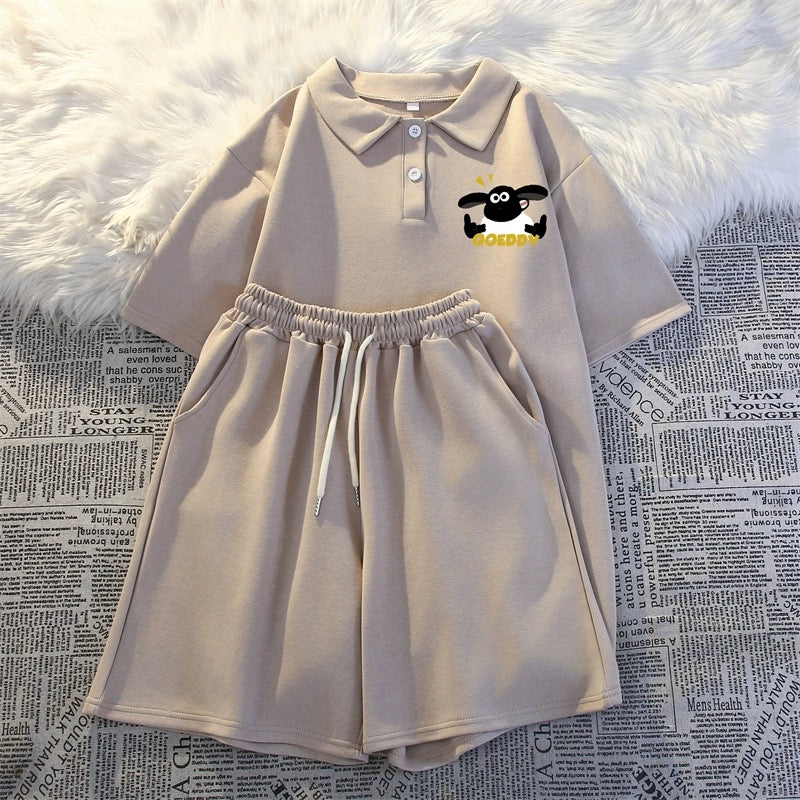 Summer polo collar short-sleeved three-quarter shorts two-piece suit for women thin casual student running sportswear for small people