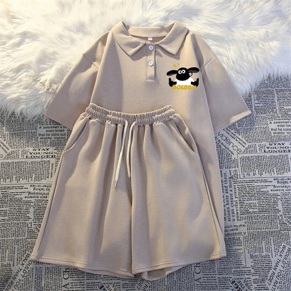 Summer polo collar short-sleeved three-quarter shorts two-piece suit for women thin casual student running sportswear for small people