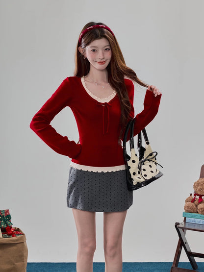 Sweety Red Faux Two-Piece Style Knitwear for Women, Perfect for New Year's Holidays and as a Base Layer