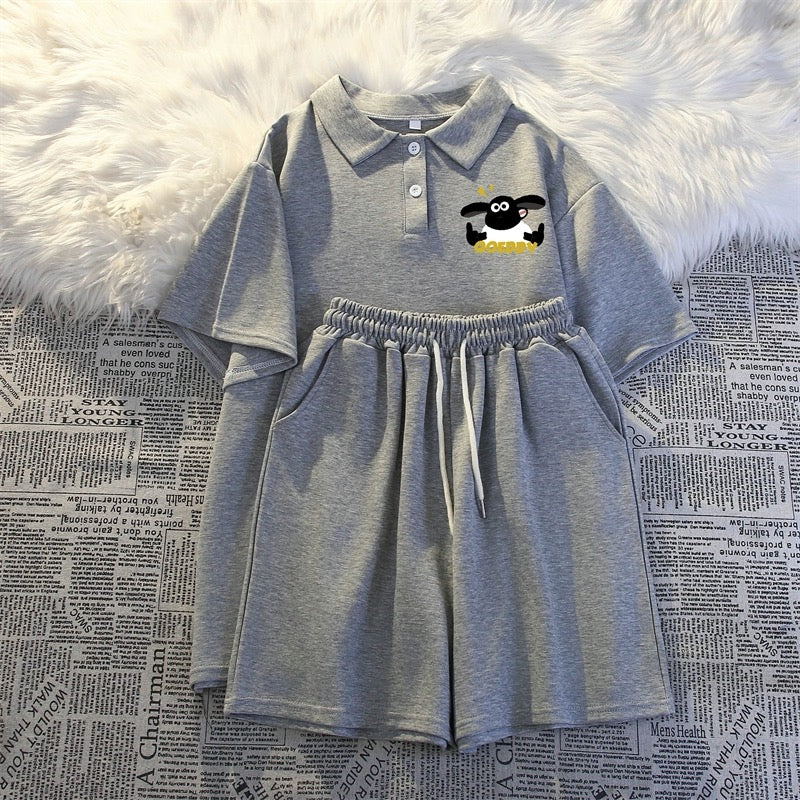 Summer polo collar short-sleeved three-quarter shorts two-piece suit for women thin casual student running sportswear for small people