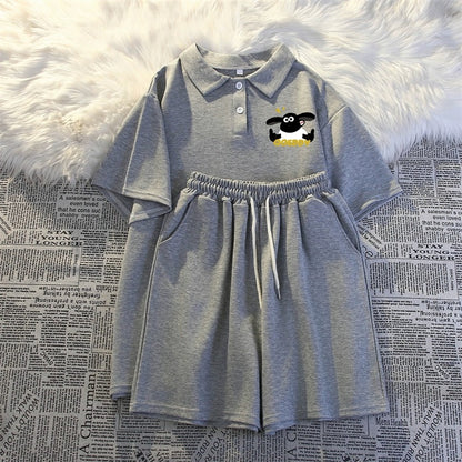 Summer polo collar short-sleeved three-quarter shorts two-piece suit for women thin casual student running sportswear for small people