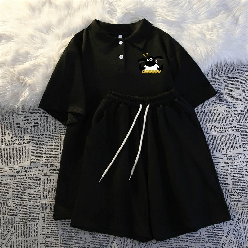 Summer polo collar short-sleeved three-quarter shorts two-piece suit for women thin casual student running sportswear for small people