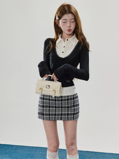 "Clumsy Sweet Girl" Black Faux Two-Piece Patchwork Base Layer Top for Women, Slim Fit and Versatile
