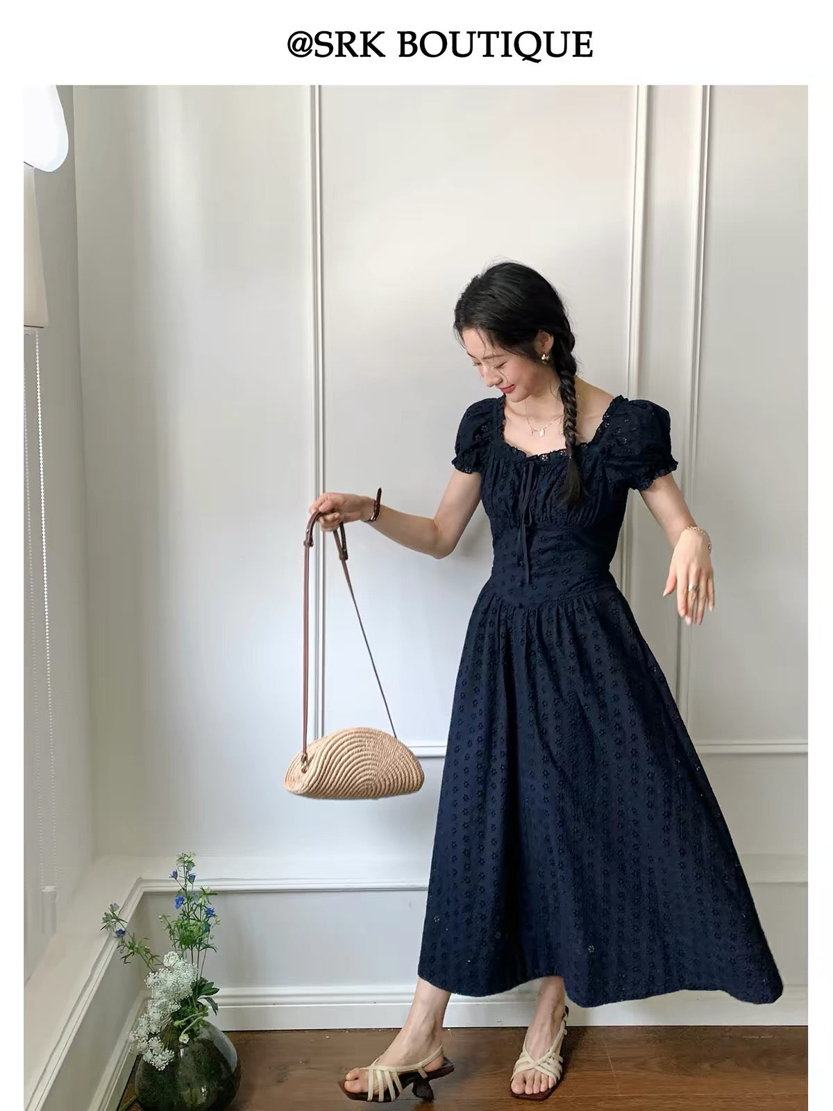 SRK French-style vintage navy blue A-line maxi dress featuring a stylish square neckline, intricate cut-out embroidery, and a flattering, voluminous skirt.
