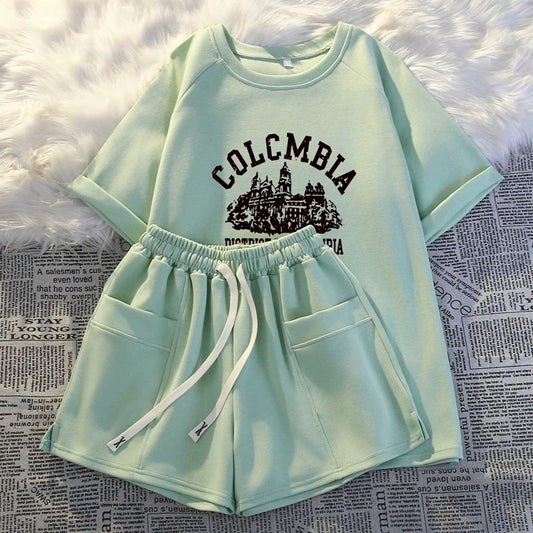 Short-sleeved shorts casual two-piece suit for women 2024 summer new fashion age-reducing running sportswear loose and comfortable