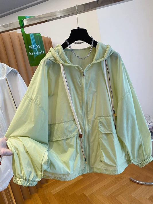 Super good-looking sports hooded sun protection jacket for women in summer 2025 new loose casual green breathable thin top